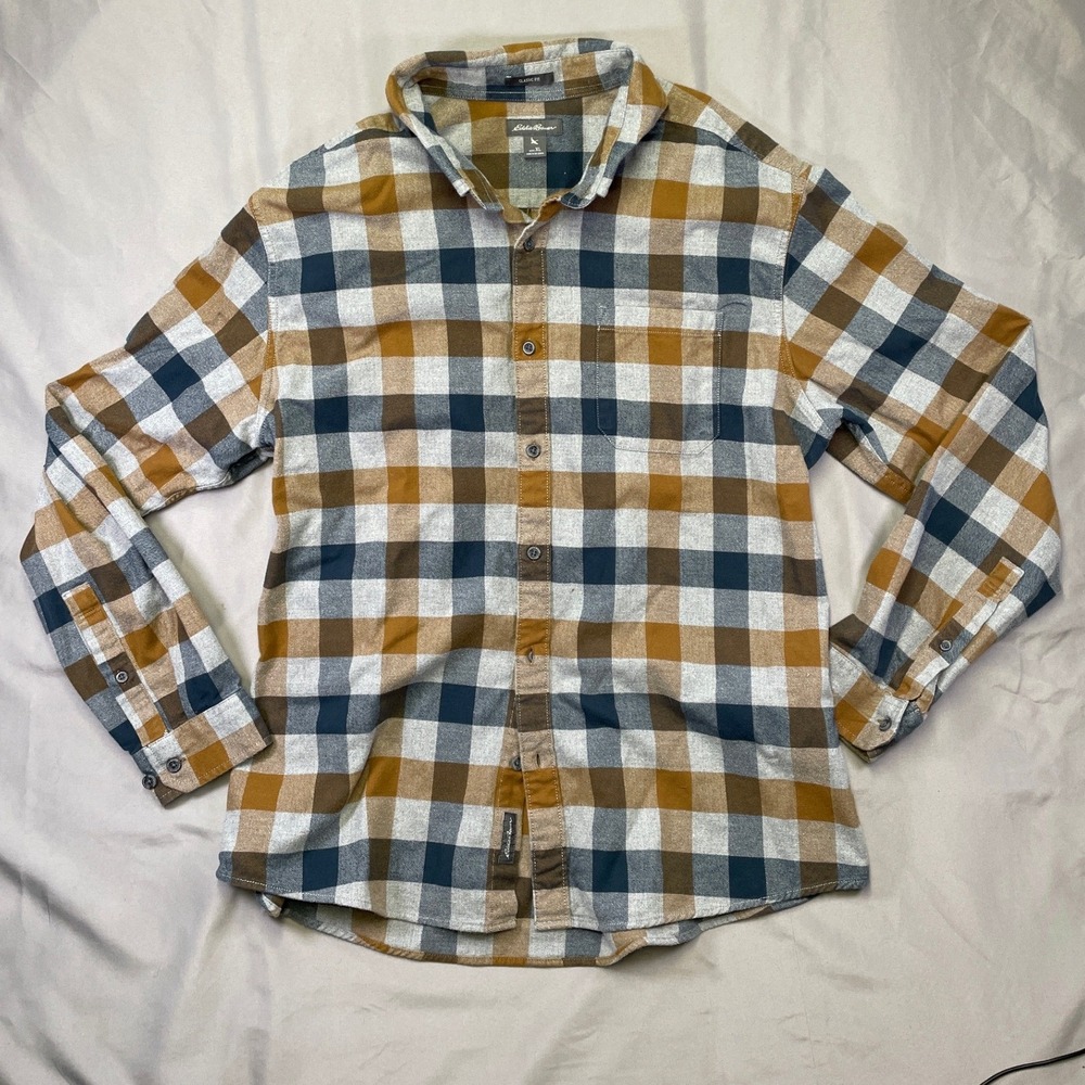 Eddie Bauer Mens XL Classic Fit Flannel Shirt Mustard Navy Plaid Button Down